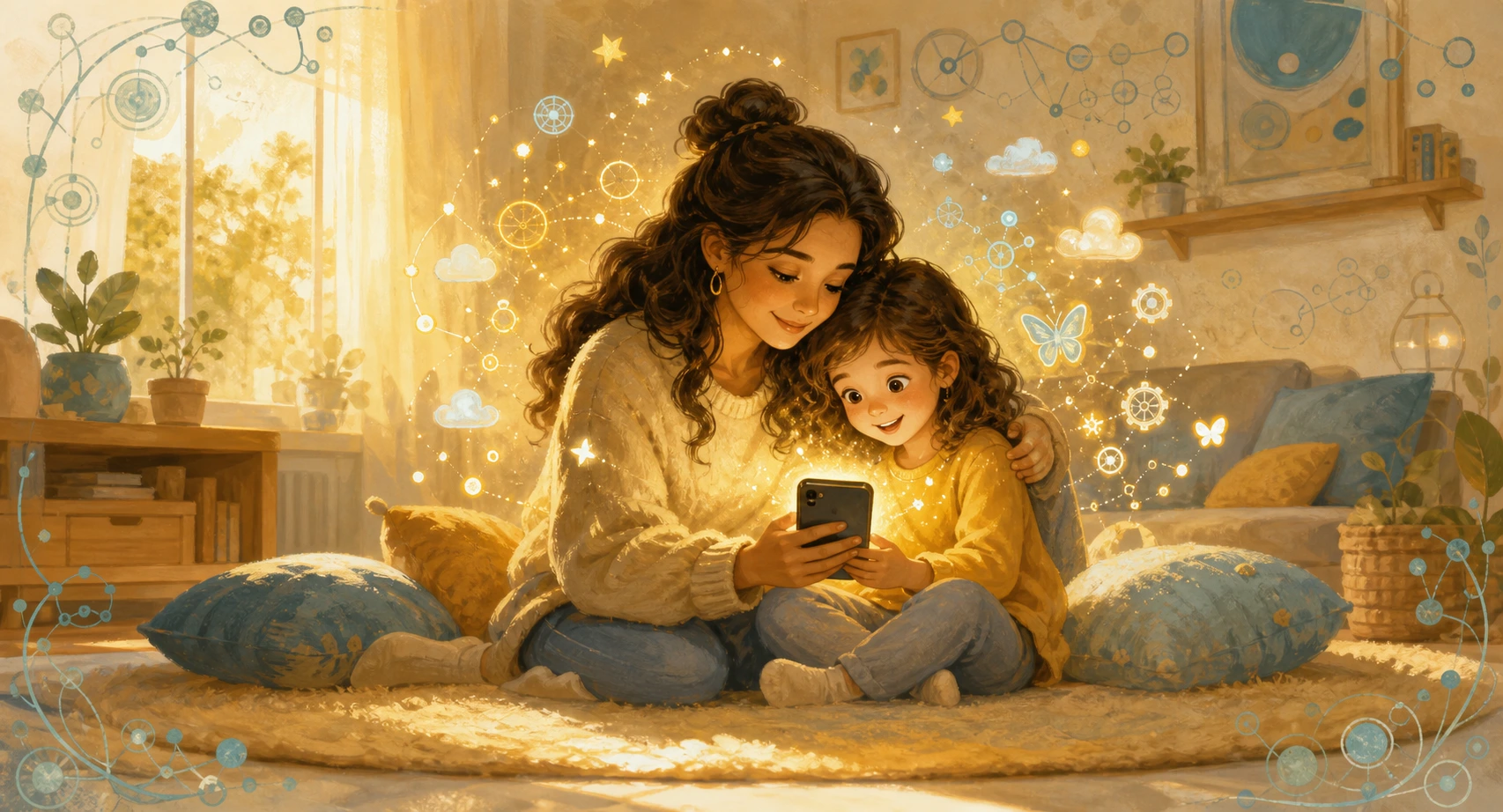 Mother and child sharing smart phone for learning